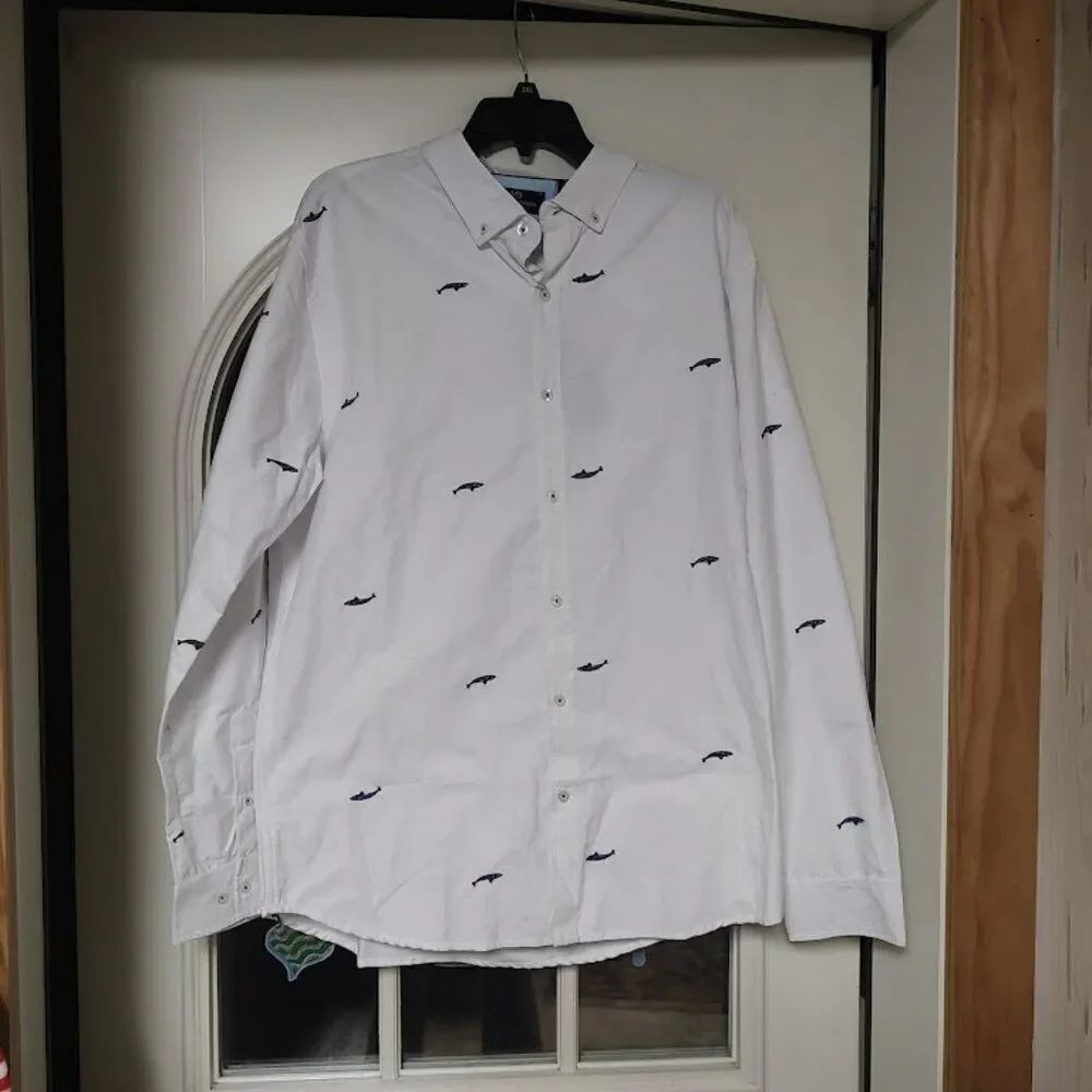 New Michael Brandon Slim Fit White With Whales Button Down Shirt Men's XL